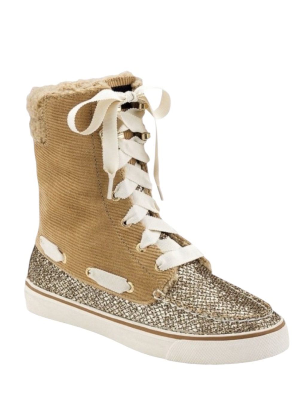 SPERRY Acklins Gold Glitter and Tan Corduroy Boots Size 8 -- BLINGY!!!